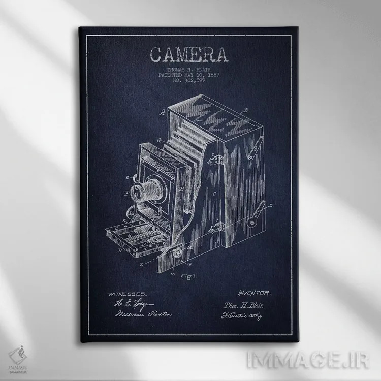 تابلو نقشهٔ اختراع دوربین (سرمهای) اثر پیکسل کهنه (استودیو/نام هنری) - نمای روبهرو روی دیوار