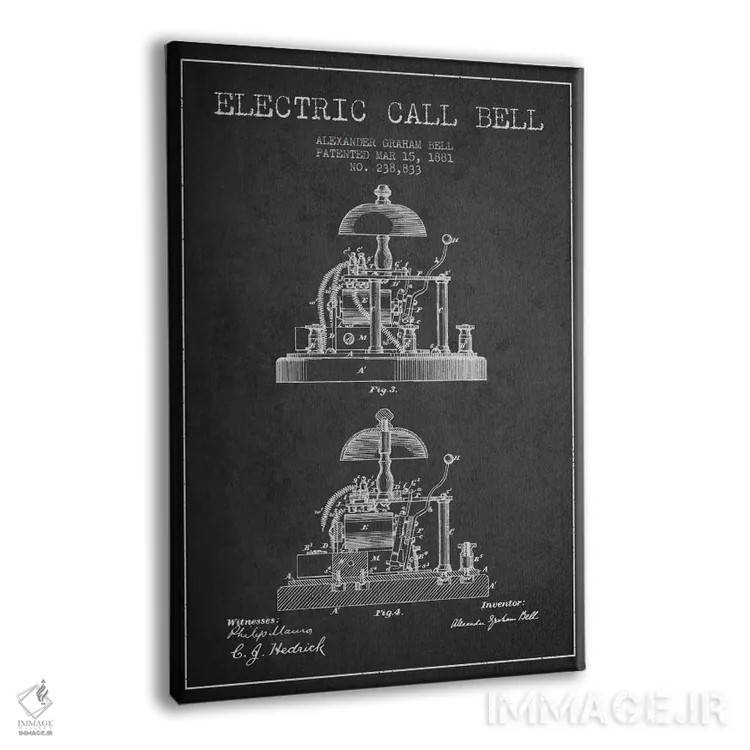 تابلو نقشهٔ اختراع زنگ الکس برقی (ذغالی) اثر پیکسل کهنه (استودیو/نام هنری) - نمای پرسپکتیو محصول