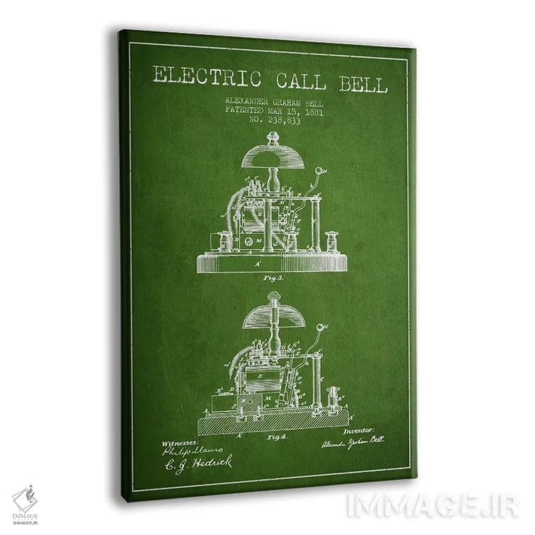 تابلو نقشهٔ اختراع زنگ الکس برقی (سبز) اثر پیکسل کهنه (استودیو/نام هنری) - نمای پرسپکتیو محصول