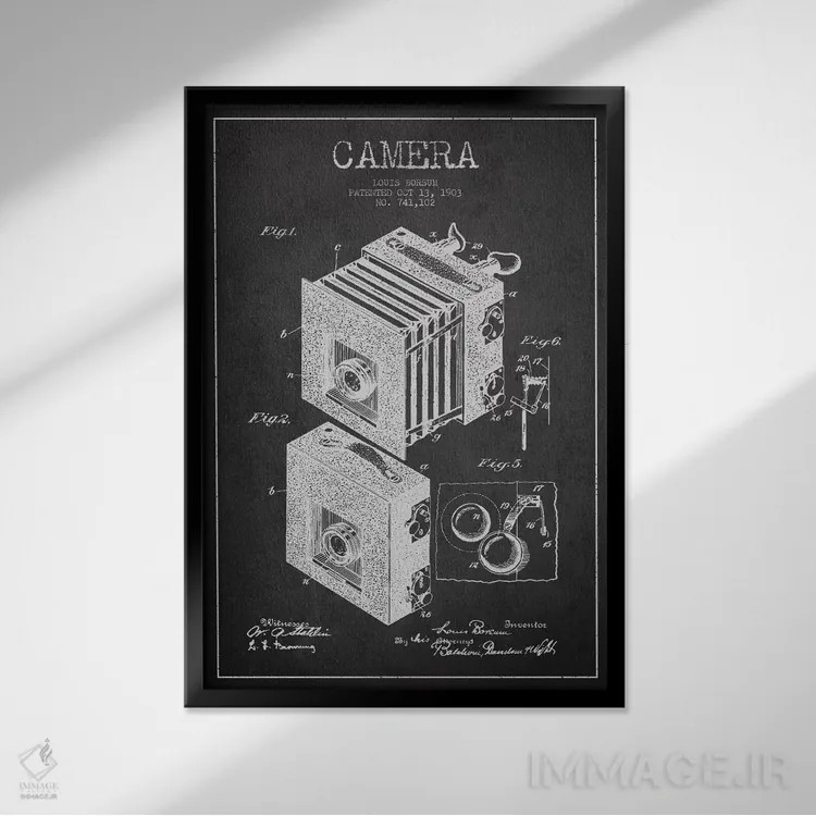 تابلو نقشهٔ اختراع دوربین (ذغالی) اثر پیکسل کهنه (استودیو/نام هنری) - نمای قابدار مشکی