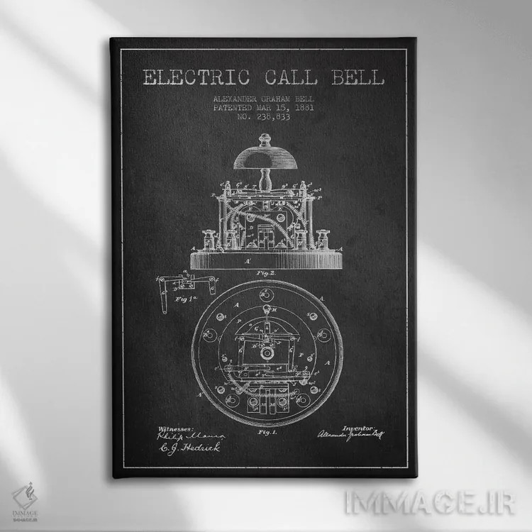 تابلو نقشهٔ اختراع زنگ برقی (ذغالی) اثر پیکسل کهنه (استودیو/نام هنری) - نمای روبهرو روی دیوار