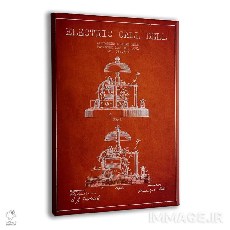 تابلو نقشهٔ اختراع زنگ الکس برقی (قرمز) اثر پیکسل کهنه (استودیو/نام هنری) - نمای پرسپکتیو محصول