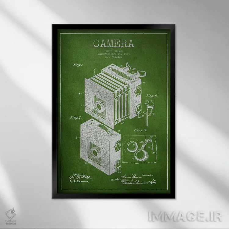 تابلو نقشهٔ اختراع دوربین (سبز) اثر پیکسل کهنه (استودیو/نام هنری) - نمای قابدار مشکی