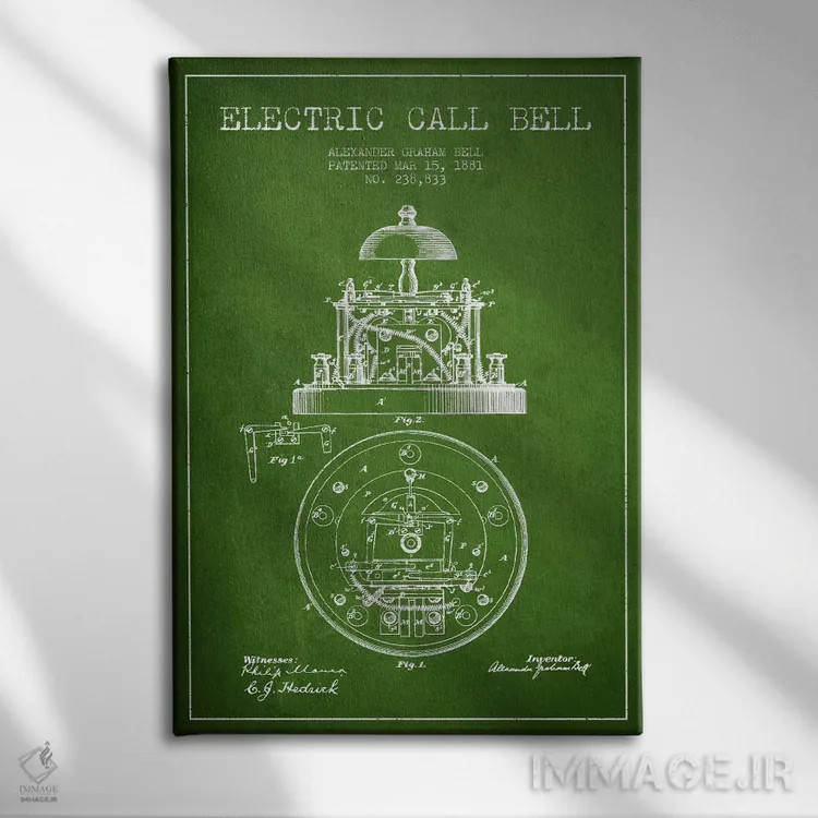 تابلو نقشهٔ اختراع زنگ برقی (سبز) اثر پیکسل کهنه (استودیو/نام هنری) - نمای روبهرو روی دیوار