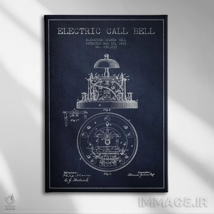 تابلو نقشهٔ اختراع زنگ برقی (سرمهای) اثر پیکسل کهنه (استودیو/نام هنری) - نمای روبهرو روی دیوار