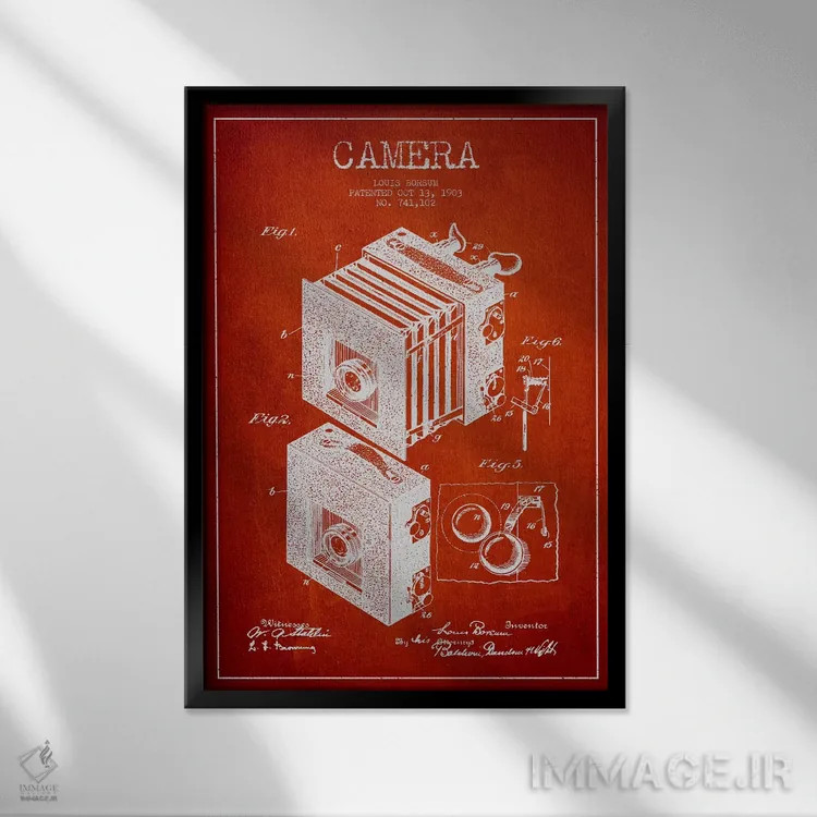تابلو نقشهٔ اختراع دوربین (قرمز) اثر پیکسل کهنه (استودیو/نام هنری) - نمای قابدار مشکی