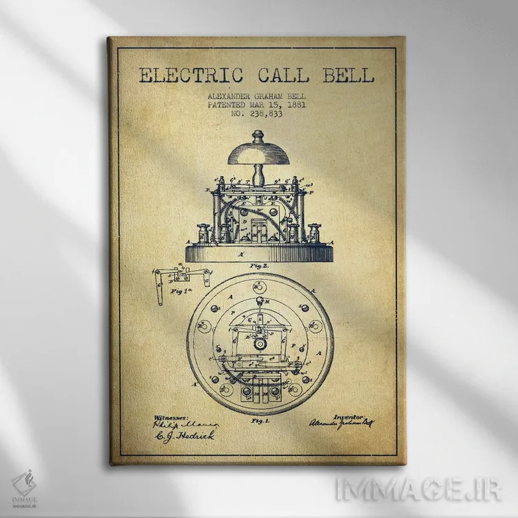 تابلو نقشهٔ اختراع زنگ برقی (قدیمی) اثر پیکسل کهنه (استودیو/نام هنری) - نمای روبهرو روی دیوار