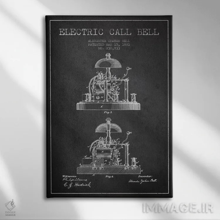 تابلو نقشهٔ اختراع زنگ الکس برقی (ذغالی) اثر پیکسل کهنه (استودیو/نام هنری) - نمای روبهرو روی دیوار