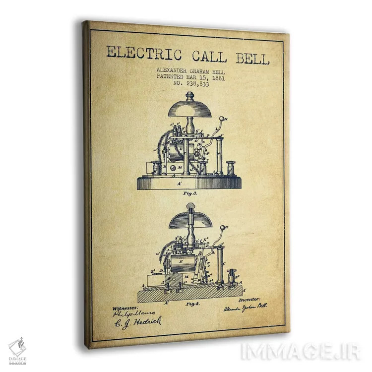 تابلو نقشهٔ اختراع زنگ الکس برقی (قدیمی) اثر پیکسل کهنه (استودیو/نام هنری) - نمای پرسپکتیو محصول