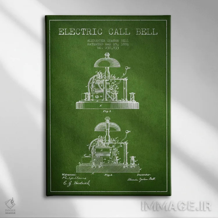 تابلو نقشهٔ اختراع زنگ الکس برقی (سبز) اثر پیکسل کهنه (استودیو/نام هنری) - نمای روبهرو روی دیوار