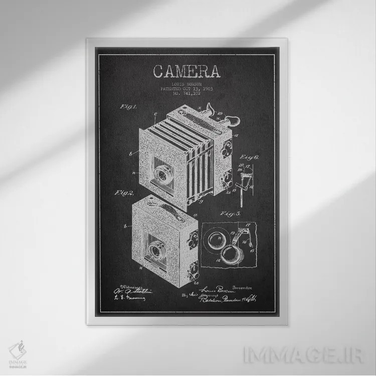 تابلو نقشهٔ اختراع دوربین (ذغالی) اثر پیکسل کهنه (استودیو/نام هنری) - نمای قابدار سفید