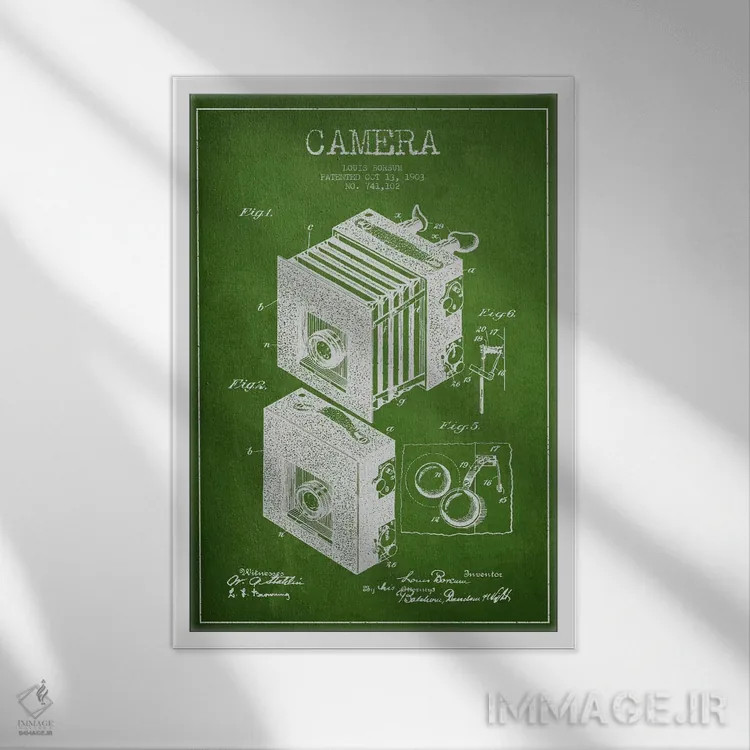 تابلو نقشهٔ اختراع دوربین (سبز) اثر پیکسل کهنه (استودیو/نام هنری) - نمای قابدار سفید