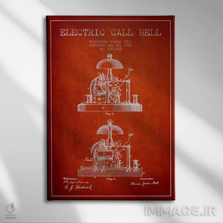 تابلو نقشهٔ اختراع زنگ الکس برقی (قرمز) اثر پیکسل کهنه (استودیو/نام هنری) - نمای روبهرو روی دیوار