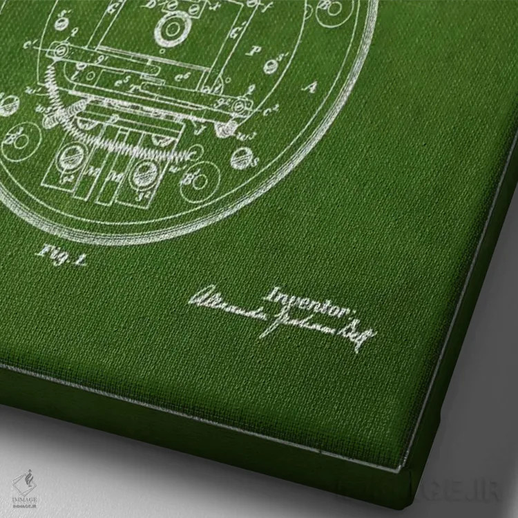 تابلو نقشهٔ اختراع زنگ برقی (سبز) اثر پیکسل کهنه (استودیو/نام هنری) - نمای نزدیک بافت بوم