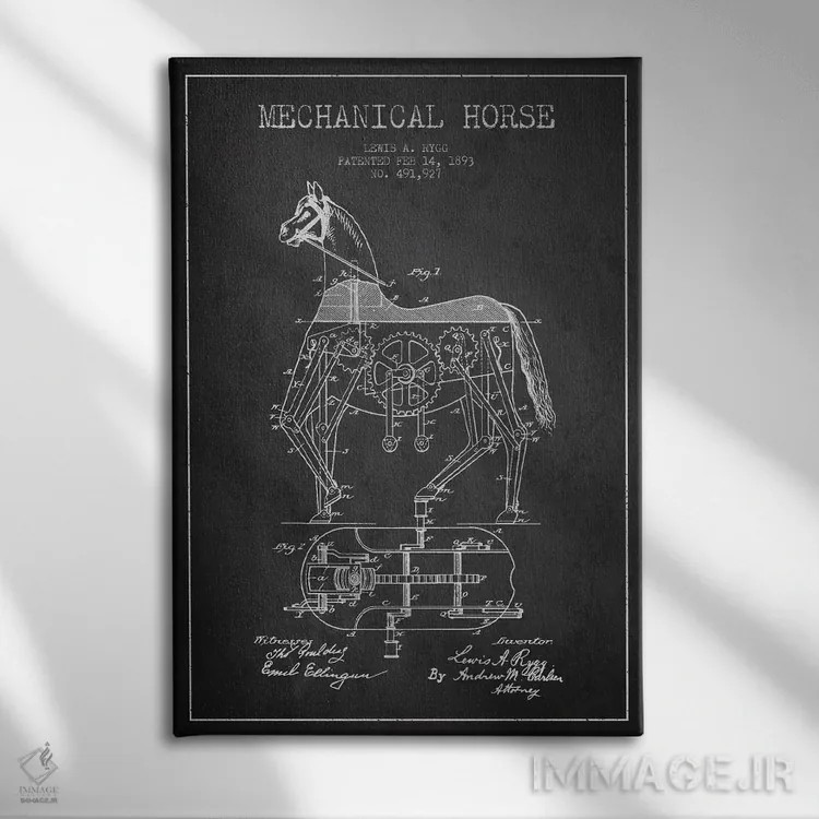 تابلو نقشهٔ اختراع اسب مکانیکی (تیره) اثر پیکسل کهنه (استودیو/نام هنری) - نمای روبهرو روی دیوار
