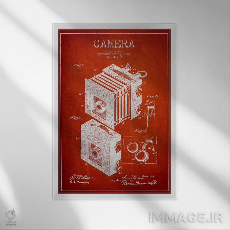تابلو نقشهٔ اختراع دوربین (قرمز) اثر پیکسل کهنه (استودیو/نام هنری) - نمای قابدار سفید