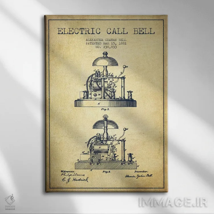 تابلو نقشهٔ اختراع زنگ الکس برقی (قدیمی) اثر پیکسل کهنه (استودیو/نام هنری) - نمای روبهرو روی دیوار