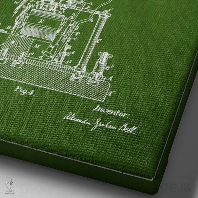 تابلو نقشهٔ اختراع زنگ الکس برقی (سبز) اثر پیکسل کهنه (استودیو/نام هنری) - نمای نزدیک بافت بوم