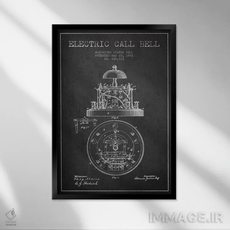 تابلو نقشهٔ اختراع زنگ برقی (ذغالی) اثر پیکسل کهنه (استودیو/نام هنری) - نمای قابدار مشکی