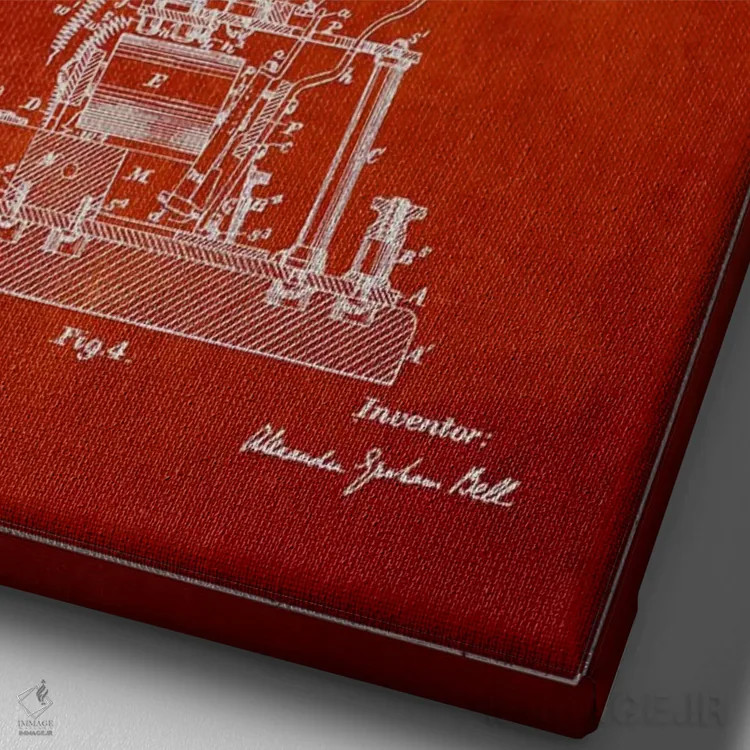 تابلو نقشهٔ اختراع زنگ الکس برقی (قرمز) اثر پیکسل کهنه (استودیو/نام هنری) - نمای نزدیک بافت بوم