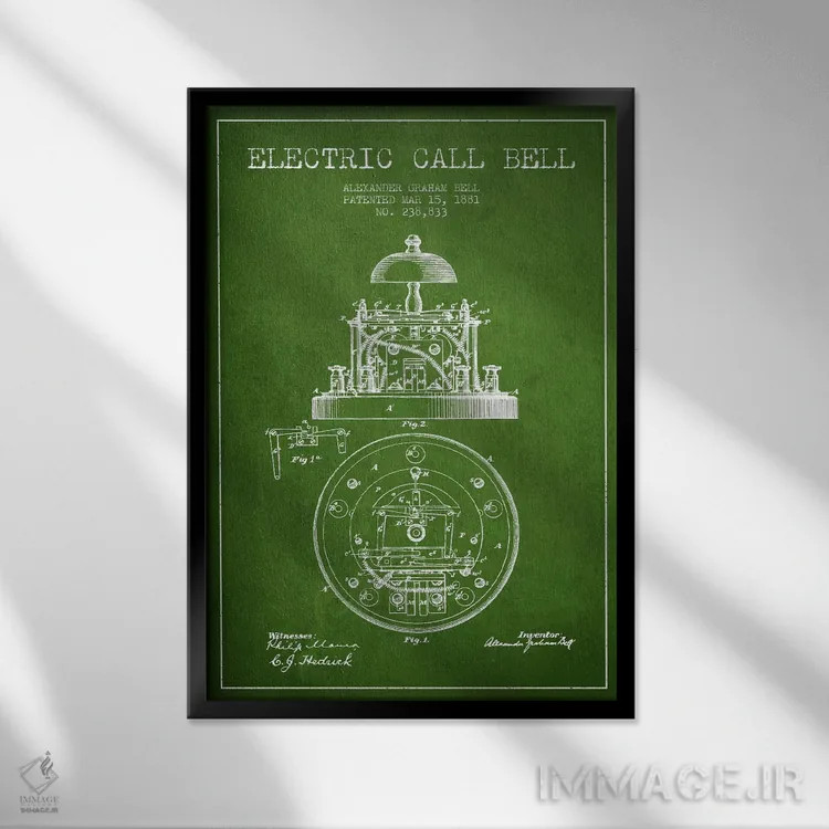 تابلو نقشهٔ اختراع زنگ برقی (سبز) اثر پیکسل کهنه (استودیو/نام هنری) - نمای قابدار مشکی
