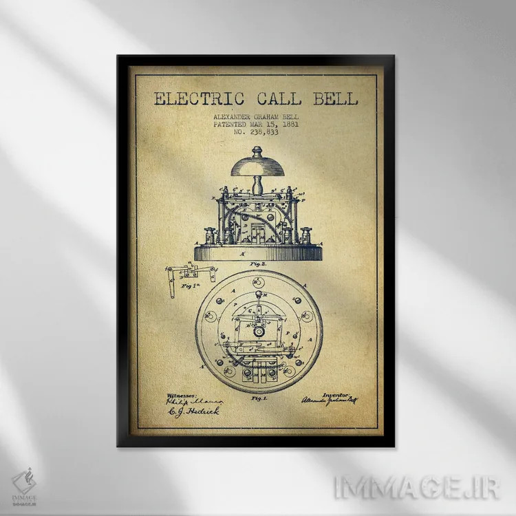 تابلو نقشهٔ اختراع زنگ برقی (قدیمی) اثر پیکسل کهنه (استودیو/نام هنری) - نمای قابدار مشکی