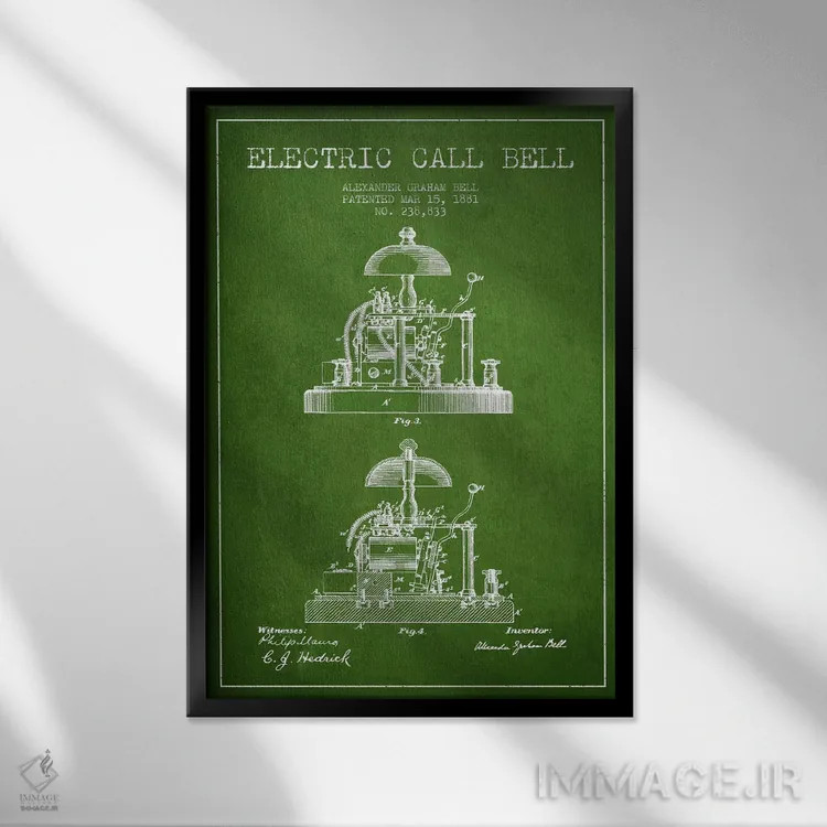 تابلو نقشهٔ اختراع زنگ الکس برقی (سبز) اثر پیکسل کهنه (استودیو/نام هنری) - نمای قابدار مشکی