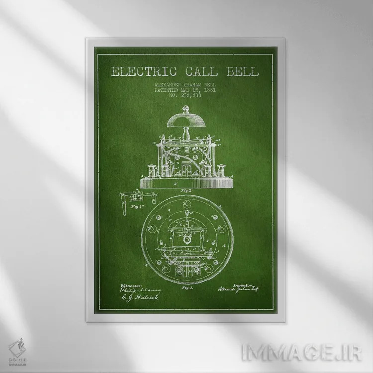 تابلو نقشهٔ اختراع زنگ برقی (سبز) اثر پیکسل کهنه (استودیو/نام هنری) - نمای قابدار سفید