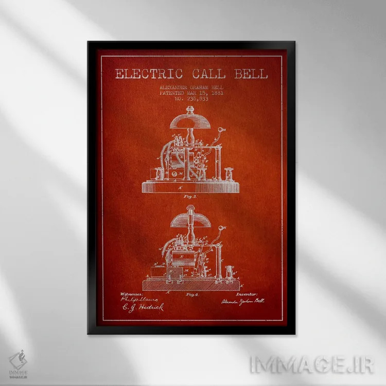 تابلو نقشهٔ اختراع زنگ الکس برقی (قرمز) اثر پیکسل کهنه (استودیو/نام هنری) - نمای قابدار مشکی