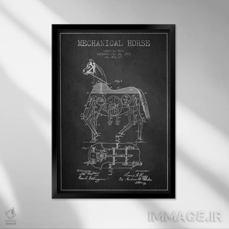 تابلو نقشهٔ اختراع اسب مکانیکی (تیره) اثر پیکسل کهنه (استودیو/نام هنری) - نمای قابدار مشکی