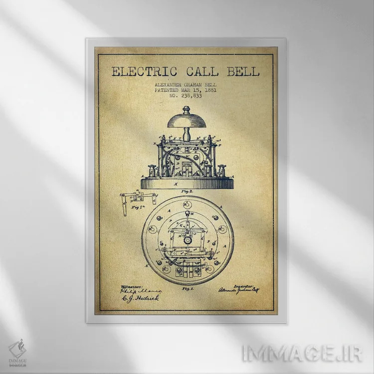 تابلو نقشهٔ اختراع زنگ برقی (قدیمی) اثر پیکسل کهنه (استودیو/نام هنری) - نمای قابدار سفید