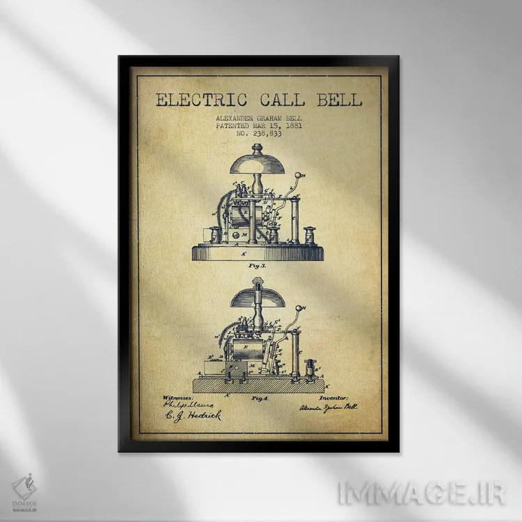 تابلو نقشهٔ اختراع زنگ الکس برقی (قدیمی) اثر پیکسل کهنه (استودیو/نام هنری) - نمای قابدار مشکی