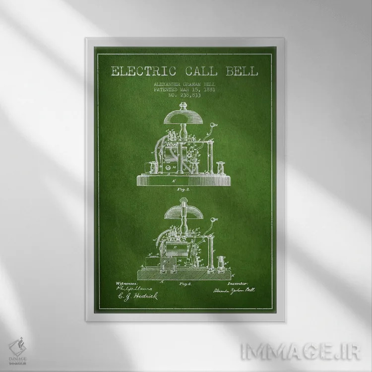 تابلو نقشهٔ اختراع زنگ الکس برقی (سبز) اثر پیکسل کهنه (استودیو/نام هنری) - نمای قابدار سفید