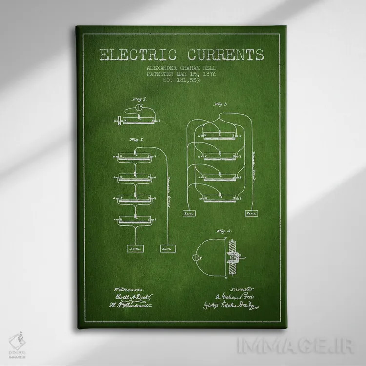 تابلو نقشهٔ اختراع جریانهای الکتریکی (سبز) اثر پیکسل کهنه (استودیو/نام هنری) - نمای روبهرو روی دیوار
