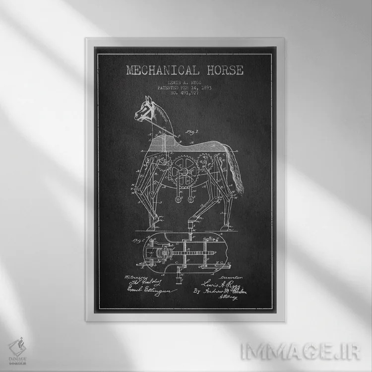تابلو نقشهٔ اختراع اسب مکانیکی (تیره) اثر پیکسل کهنه (استودیو/نام هنری) - نمای قابدار سفید