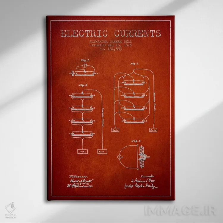 تابلو نقشهٔ اختراع جریانهای الکتریکی (قرمز) اثر پیکسل کهنه (استودیو/نام هنری) - نمای روبهرو روی دیوار