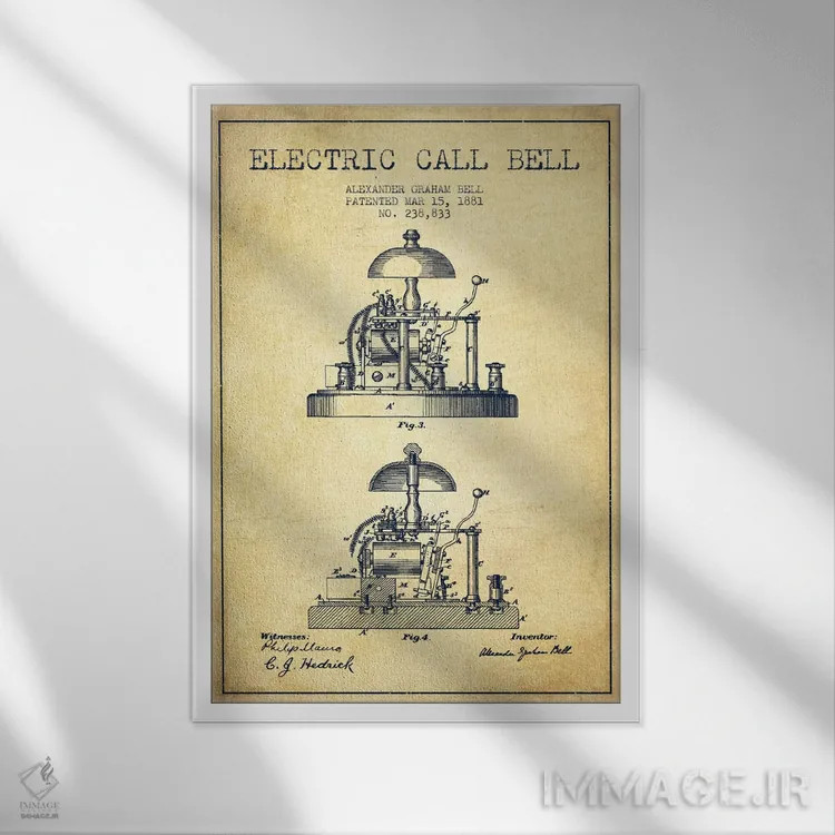 تابلو نقشهٔ اختراع زنگ الکس برقی (قدیمی) اثر پیکسل کهنه (استودیو/نام هنری) - نمای قابدار سفید