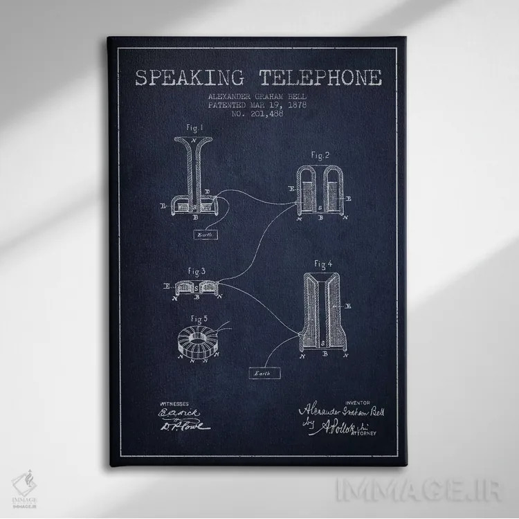 تابلو نقشهٔ اختراع تلفن گویا (سرمهای) اثر پیکسل کهنه (استودیو/نام هنری) - نمای روبهرو روی دیوار