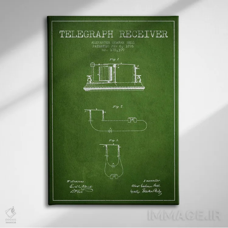 تابلو نقشهٔ اختراع گیرنده تلگراف (سبز) اثر پیکسل کهنه (استودیو/نام هنری) - نمای روبهرو روی دیوار