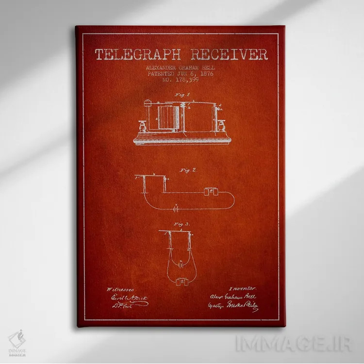 تابلو نقشهٔ اختراع گیرنده تلگراف (قرمز) اثر پیکسل کهنه (استودیو/نام هنری) - نمای روبهرو روی دیوار
