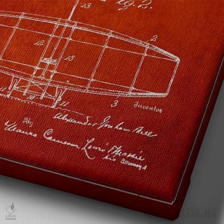 تابلو نقشهٔ اختراع ماشین پرنده (قرمز) اثر پیکسل کهنه (استودیو/نام هنری) - نمای نزدیک بافت بوم