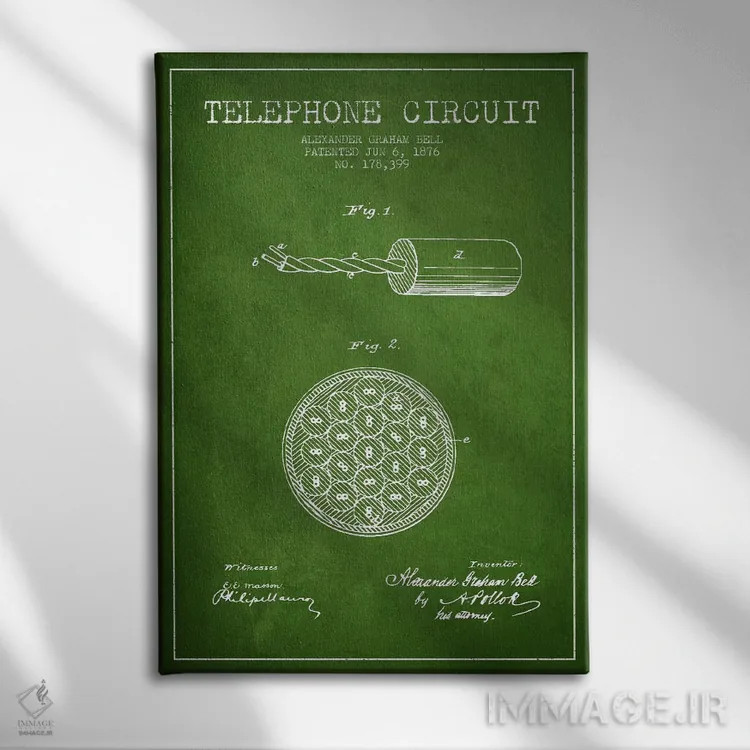 تابلو نقشهٔ اختراع مدار تلفن (سبز) اثر پیکسل کهنه (استودیو/نام هنری) - نمای روبهرو روی دیوار