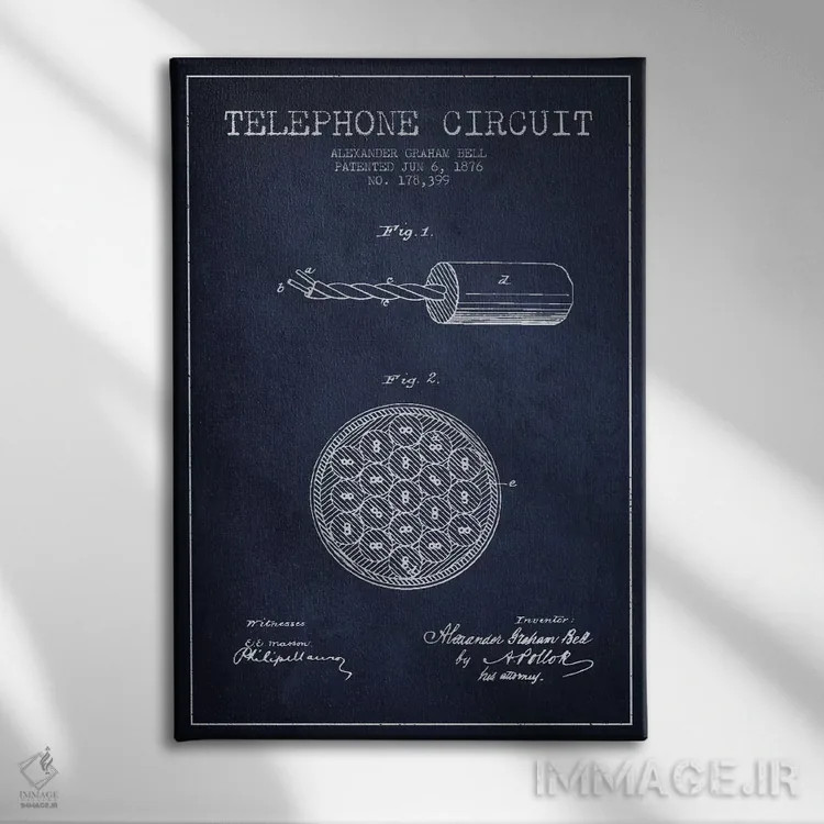 تابلو نقشهٔ اختراع مدار تلفن (سرمهای) اثر پیکسل کهنه (استودیو/نام هنری) - نمای روبهرو روی دیوار
