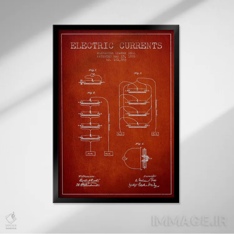 تابلو نقشهٔ اختراع جریانهای الکتریکی (قرمز) اثر پیکسل کهنه (استودیو/نام هنری) - نمای قابدار مشکی