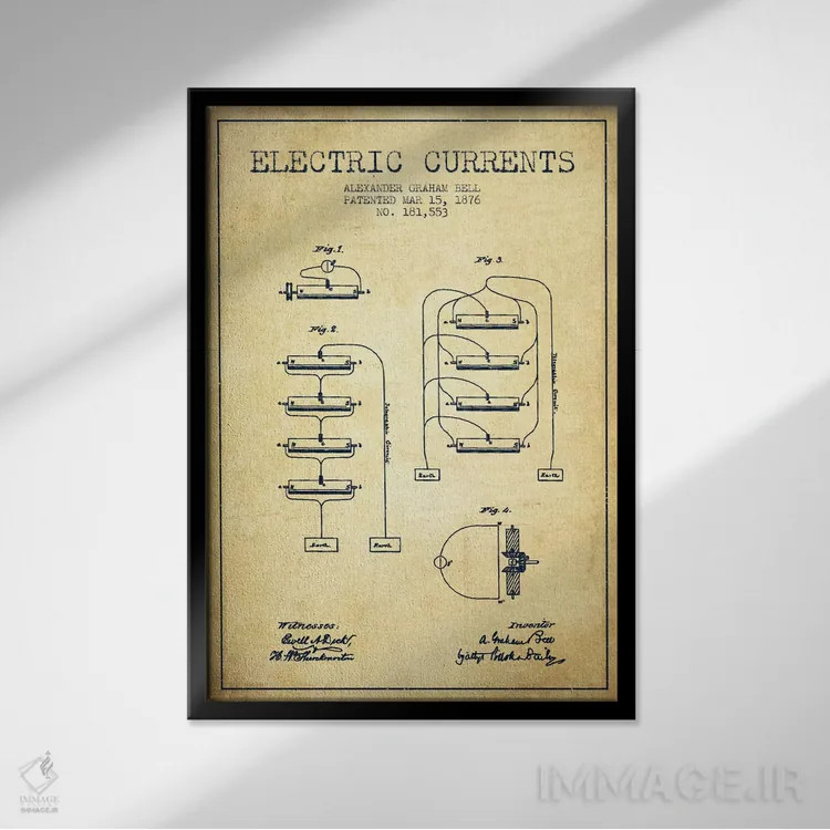 تابلو نقشهٔ اختراع جریانهای الکتریکی (قدیمی) اثر پیکسل کهنه (استودیو/نام هنری) - نمای قابدار مشکی