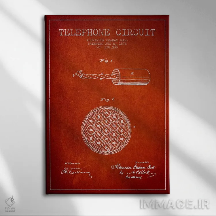 تابلو نقشهٔ اختراع مدار تلفن (قرمز) اثر پیکسل کهنه (استودیو/نام هنری) - نمای روبهرو روی دیوار