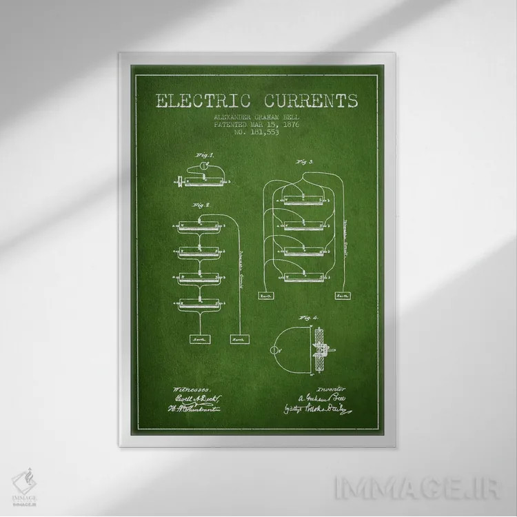 تابلو نقشهٔ اختراع جریانهای الکتریکی (سبز) اثر پیکسل کهنه (استودیو/نام هنری) - نمای قابدار سفید
