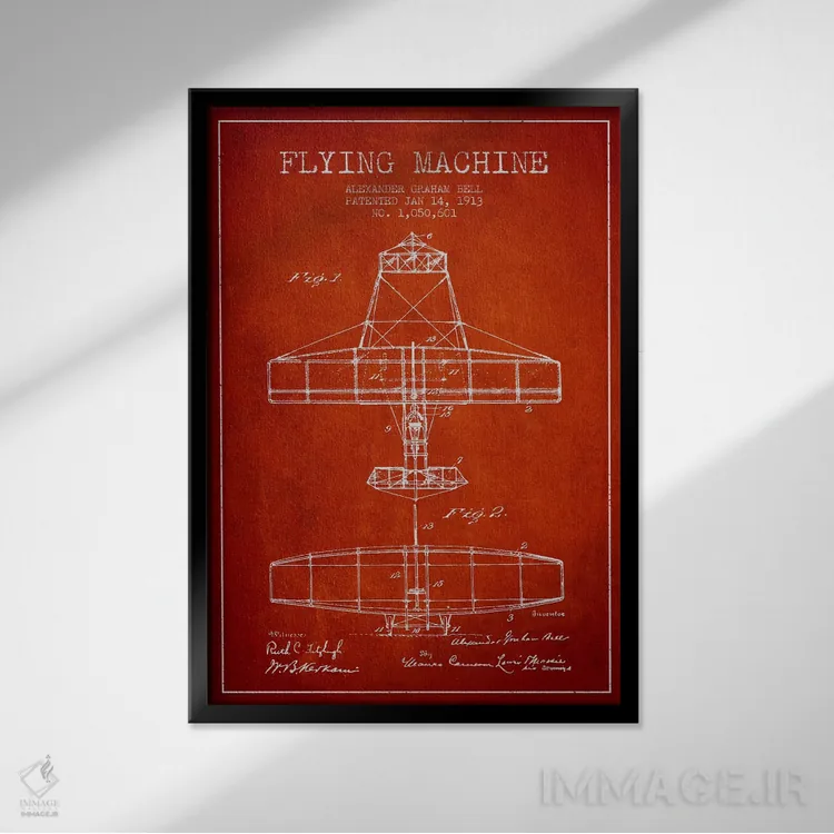 تابلو نقشهٔ اختراع ماشین پرنده (قرمز) اثر پیکسل کهنه (استودیو/نام هنری) - نمای قابدار مشکی