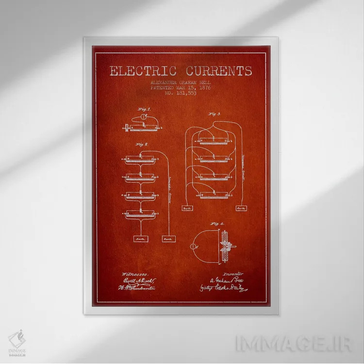 تابلو نقشهٔ اختراع جریانهای الکتریکی (قرمز) اثر پیکسل کهنه (استودیو/نام هنری) - نمای قابدار سفید