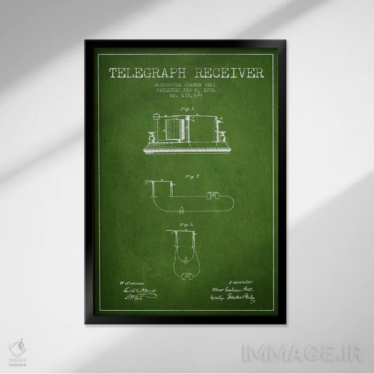 تابلو نقشهٔ اختراع گیرنده تلگراف (سبز) اثر پیکسل کهنه (استودیو/نام هنری) - نمای قابدار مشکی